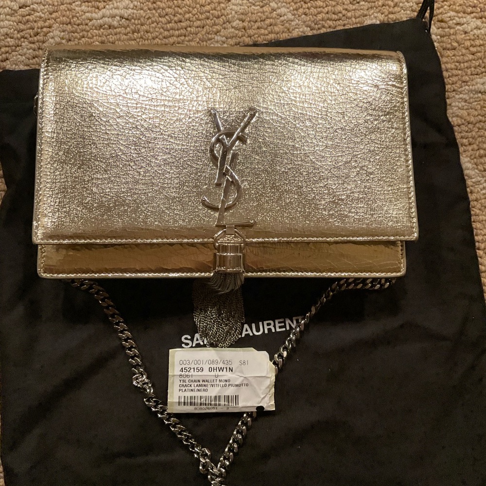 SAINT LAURENT CHAIN WALLET MONOGRAM GOLD LAMINE BAG WITH TASSEL